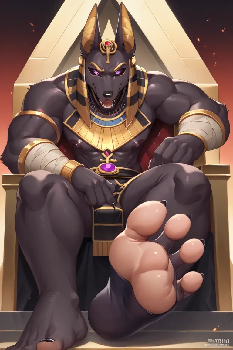 Single,  Retina Screen,  anubis ,  black fur , Golden Ear Profile ,  High Thick ,Black Egyptian God Dress Up,  darkness,evil,Crotch bulge, dark purple eyes, black sclera, tooth,  Evil Eye, Hand Bandage,  sits on a black throne, 露出狼爪soles of feet, deep in t...