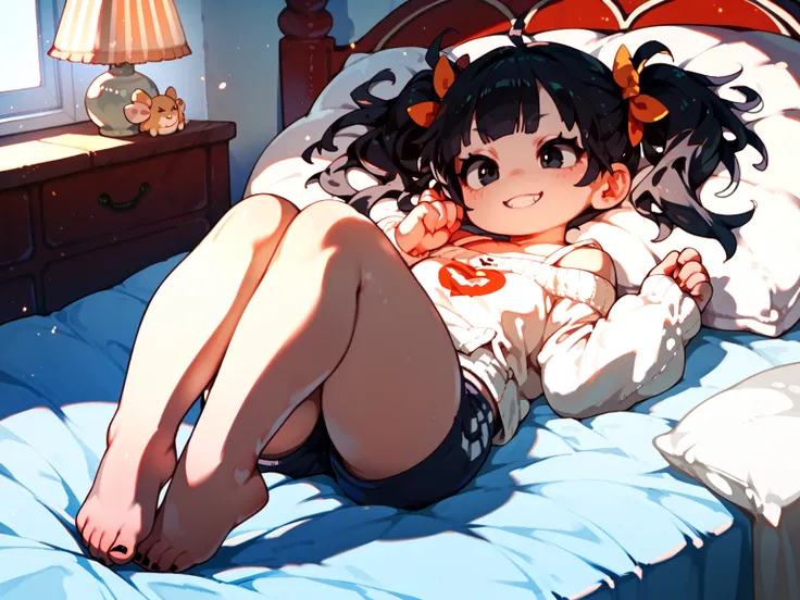 female , blissful, evil smiling, lying on back, twintail, black hair, black eyes, eyes open, wheatish skin, short, plump, shorts, off shoulder, in the bedroom, with a bed, kawaii, full body shot