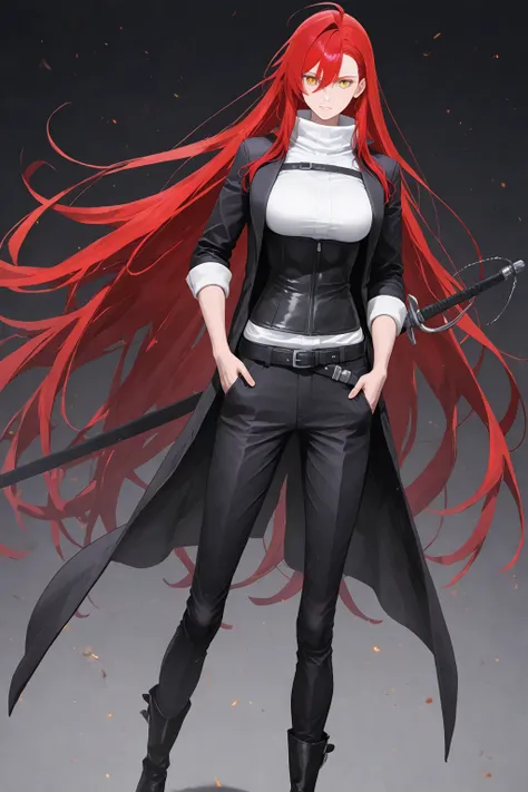   1 girl, golden eyes,   red hair top, very long red hair , Cool,   beautiful,   black pants with pockets on the sides, Weapon belt around the waist , white top with black corset ,  black boots, mysterious atmosphere, in the background the shadows from sol...