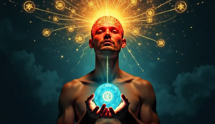 A surreal digital painting depicting a man with his head illuminated by a golden glow, symbolizing enlightenment and knowledge. His brain glows red, representing intense activity, while mystical energies flow from his mind connecting to surrounding esoteri...