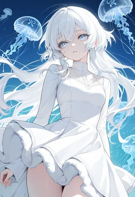 One girl, masterpiece, best quality, beautiful eyes, clear skin, long eyelashes, light blue eyes, jellyfish-like hair, white hair, long sleeves, white dress, fluffy skirt, jellyfish background