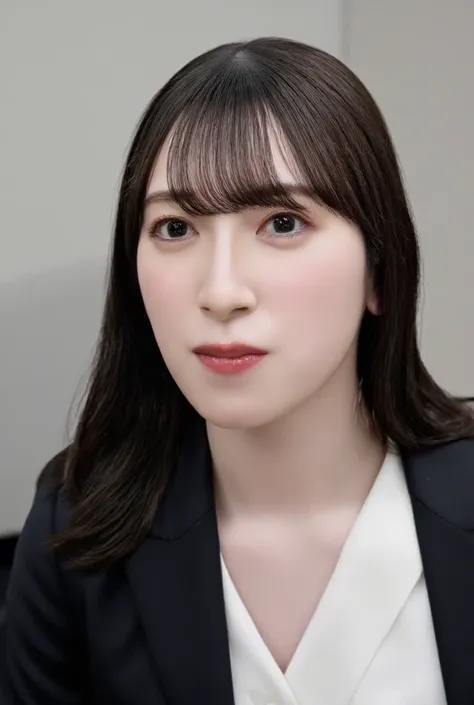    high resolution　  young Japanese female idol「cookie 」  photos,  alone,  There's a woman in the office , wearing a black business suit ,   face ,   faceクローズアップ,    dances around   ,      has straight black hair with bangs   ,    pale skin on a street car...