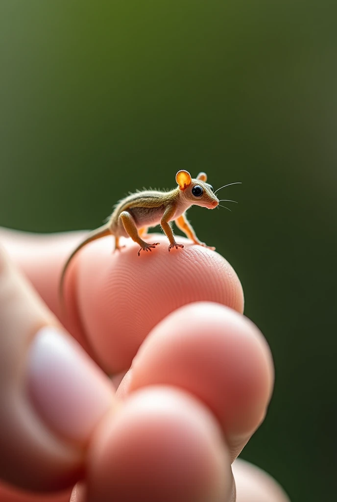 A tiny bonsai, about the size of a human finger, is shown in extreme close-up while standing on a human finger. The animal's body and the entire finger supporting it are in sharp focus, textured detail. Capturing every fine detail of the animal and the tex...