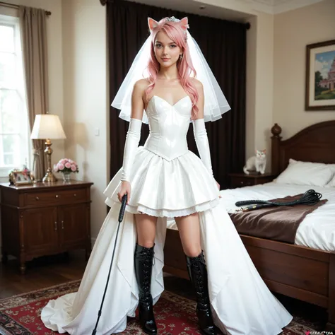 1 Teenager ,  slim , pink hair,  smooth long hair,  small breasts,  breasts open,  zopf , Cat ears,  masterpiece ,  anatomically correct  , UHD,  super detailed , further away,  wedding dress ,  latex black knee-high boots,   latex black arm warmers long  ...