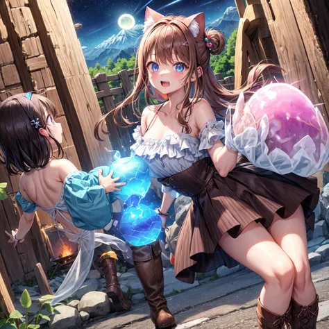  pink brown brown hair、  blue eyes、  Has hair tied  、Two cute people、  check mini skirt、  black t-shirt 、 Light clothing、  dress、  camisole、 Boots、Teeth are visible、The stone is cracked、  The Road Is Crooked 、Mountain々、diagonal、  monsters、fog、  aurora、moon...