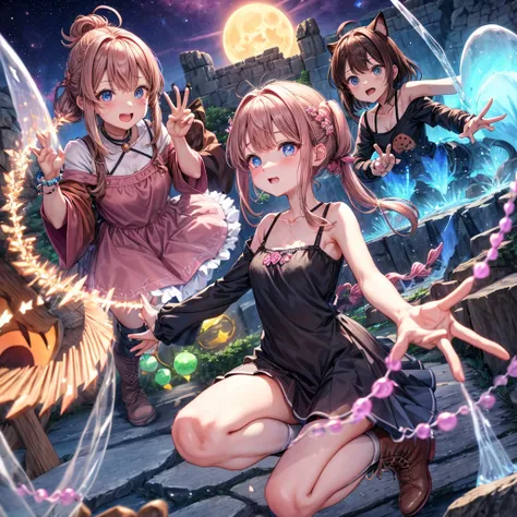  pink brown brown hair、  blue eyes、  Has hair tied  、Two cute people、  check mini skirt、  black t-shirt 、 Light clothing、  dress、  camisole、 Boots、Teeth are visible、The stone is cracked、  The Road Is Crooked 、Mountain々、diagonal、  monsters、fog、  aurora、moon...