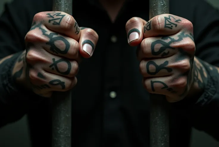  Sensual and tattooed hands of a man holding the bars of a prison cell. Half dark 