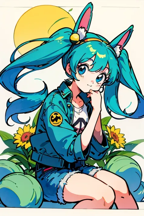  Hatsune Miku、 big eyes、Hanging、Blue Hair、 twin tails、Chest illustration、 cute little、 watercolor、 has big eyes、 Lantern、 anime style,  high image quality model,  denim jacket 、 shorts、sunny、Chest to head、 happy/joy, Sitting on a crescent moon、 wide angle ...