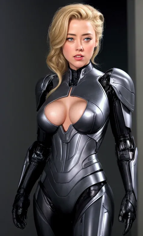 AMBER HEARD realistic blonde in ROBOCOP with big breasts,  night city , Hot dynamic poses