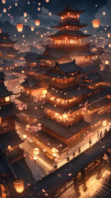 ((high quality)), ((masterpiece)), ((highly detailed)), A floating city above the clouds where cherry blossom trees bloom endlessly, their petals drifting through the air like glowing embers. The city streets are paved with crystal, and bridges made of lig...