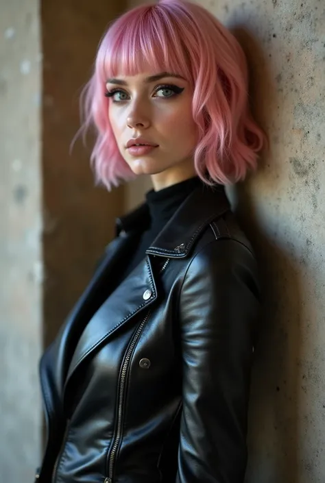 Overall length ,  pink hair,  narrow face , yeux gris, fille, 1, silhouette mince, almond eyes, button nose,  luscious lips,  European appearance ,  very complex and detailed, eye-liner noir,  very complex and detailed leather suit , bottes au dessus du ge...