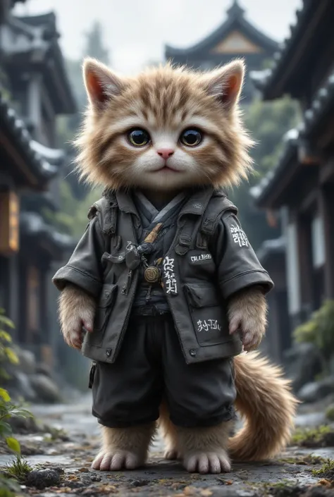 The cutest brown tiger pattern kitten in the world wearing a Japanese man's school uniform、((Realistic:1.3))、In front of school