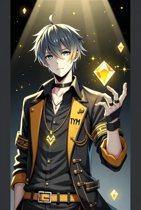 Black hair and some yellow hair has a crystal, the same necklace in the picture and the anime