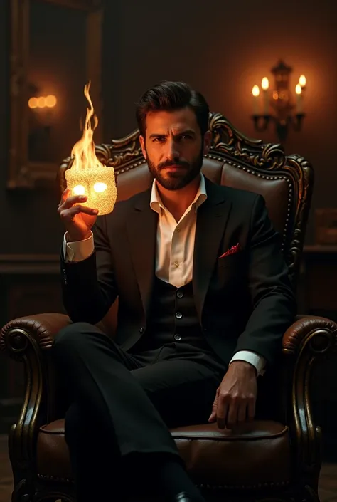 man, charisma, chic,  hold a  burning  mask, suit, antique chair sit, full shot