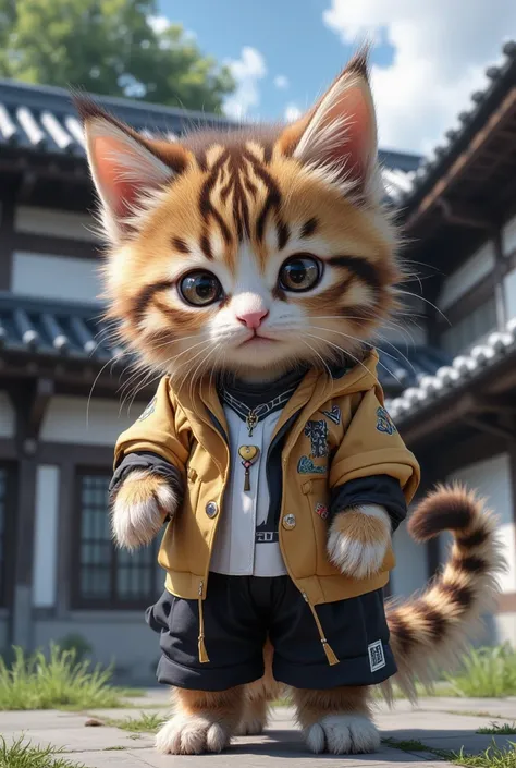 The cutest brown tiger pattern kitten in the world wearing a Japanese man's school uniform、((Realistic:1.3))、In front of school