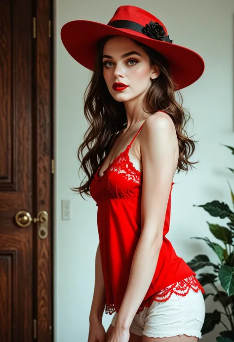 beautiful Red Hat with medium breast and lean body, wearing camisole and panty, looking straight to the viewer, horror style
