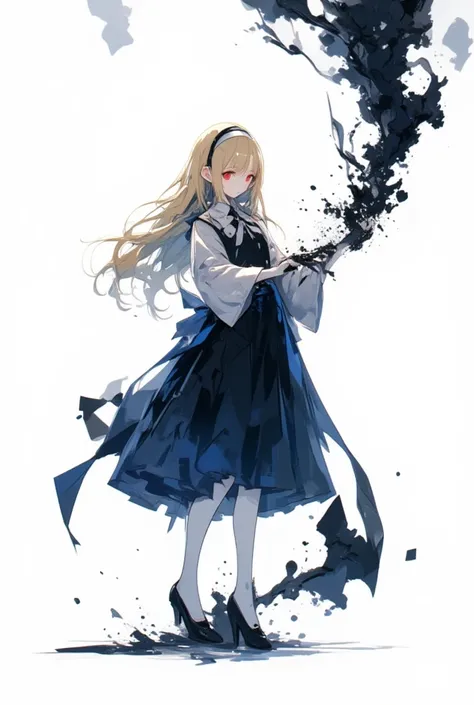 (best quality, masterpiece, ultra highres, ultra-detailed:1.2) ,Alice in the dark. tween,cute and evil,(Long straight blonde hair. white hair band. pale skin. red eyes,nihil smile. Ultramarine one-piece dress and black ribbon,white collar. black pumps).A b...