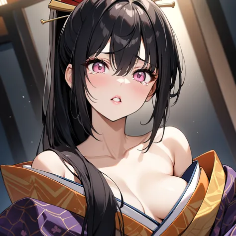  1 girl,  bangs between eyes,  black hair、 bangs between eyes,  very long hair,  ponytail, chest, 大きなchest, Hairpin, clavicle、valley、 high resolution,  Masterpiece,  anatomically correct,  pink eyes , Lips you want to kiss、 vertical pupil /Cat&#39;s Eyes, ...