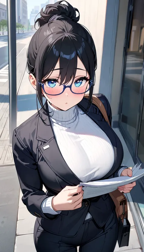 (masterpiece, best quality: 1.2), short ponytail, black hair, sexy figure (blue eyes: 1.5), glasses, mature, solo, (blush: 1.2), short black hair tied back. (medium black hair), (blue eyes), (big breasts), high resolution, natural light, (solo), (beautiful...