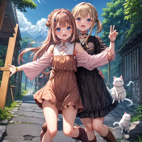  pink brown brown hair、  blue eyes、  Has hair tied  、Two cute people、  check mini skirt、  black t-shirt 、 Light clothing、  dress、  camisole、 Boots、Teeth are visible、The stone is cracked、  The Road Is Crooked 、Mountain々、 monsters、fog、  aurora、moon、  shootin...