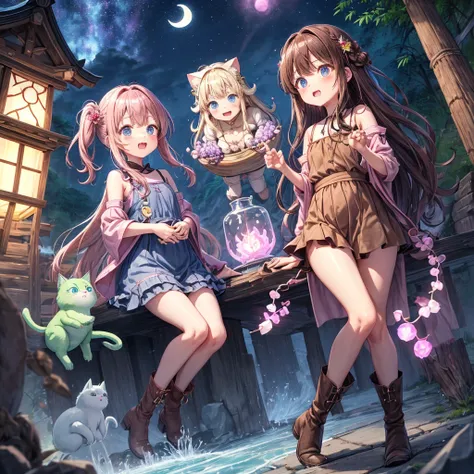  pink brown brown hair、  blue eyes、  Has hair tied  、Two cute people、  check mini skirt、  black t-shirt 、 Light clothing、  dress、  camisole、 Boots、Teeth are visible、The stone is cracked、  The Road Is Crooked 、Mountain々、 monsters、fog、  aurora、moon、  shootin...