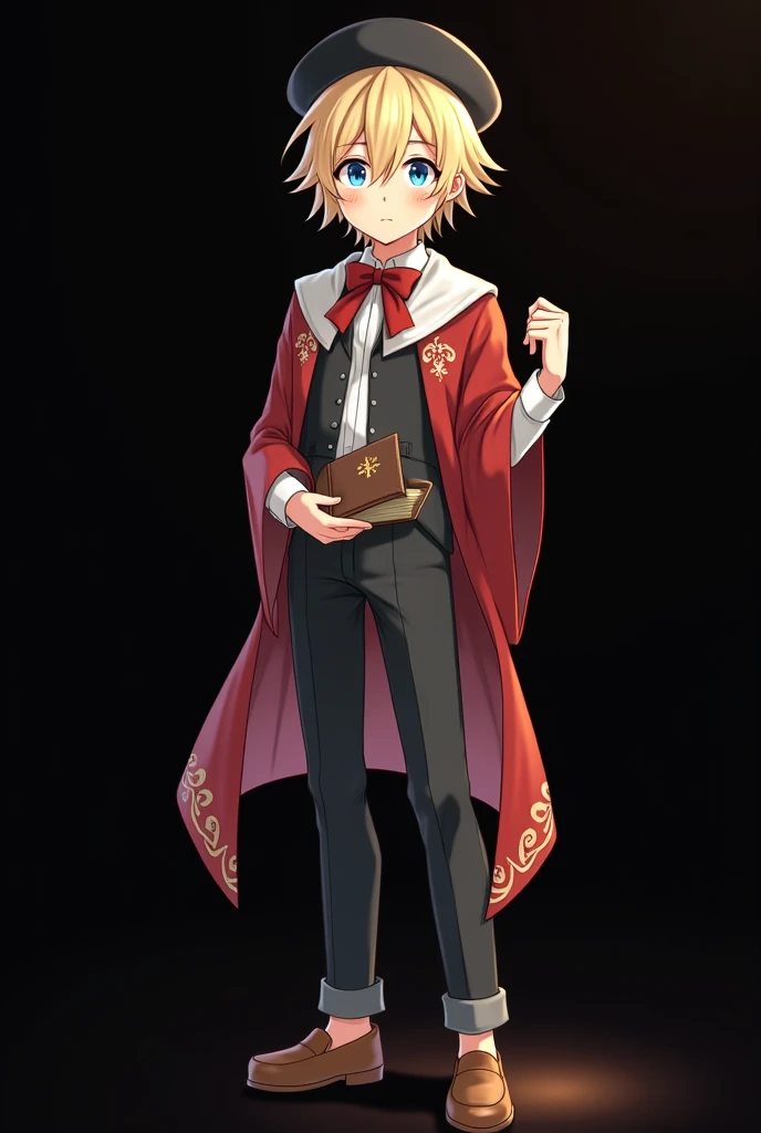  anime style illustration,  background is black, whole body,  Platinum Blonde Haired Boy, choir, I have the Bible in my hand ,  I'm wearing a beret, simple leather shoes, Light blue eyes, nose, ( top quality,4K,8k, high resolution, Masterpiece:1.2), Super ...