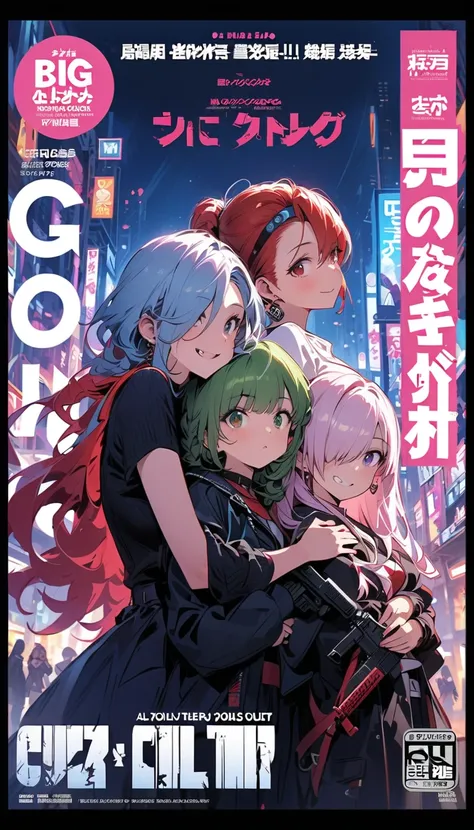 (Four beautiful girls : 1.3), girls ,(protective clothing,headband, earrings,Assault rifle), blonde, black hair, Hair, Silver Hair, red hair ,Blue Hair,Green Hair,Pink hair,Purple Hair, ponytail, bob cut, twin tails, long hair, shorthair, bun hair, wave ha...