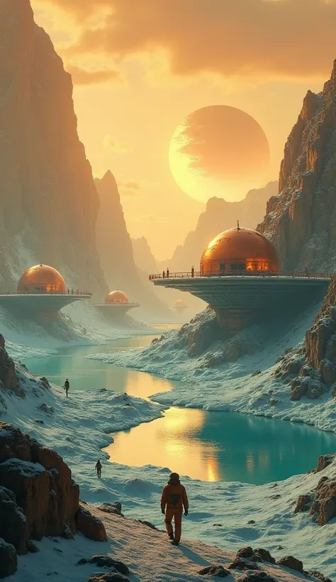 "A mysterious Titan colony with floating methane lakes and golden-hued skies. A futuristic city with anti-gravity platforms and domed structures stands above the freezing surface. People in insulated suits explore the alien landscape under the dim light of...