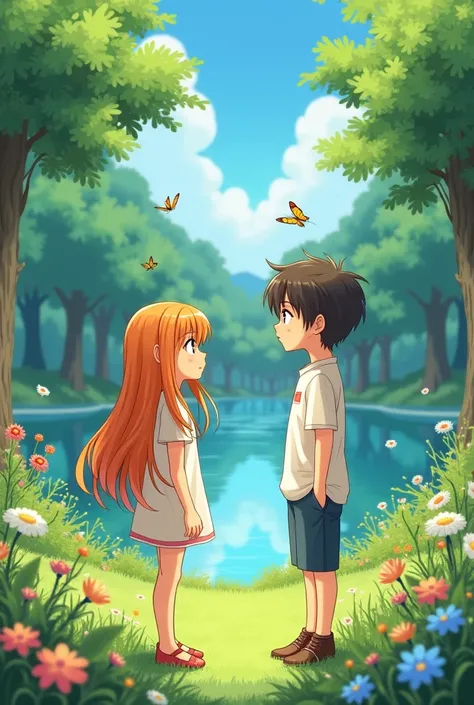 Anime picture of a girl and a boy talking in nature