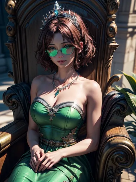  close-up ,  upper body . Short,  red hair ,  green eyes, ( metallic glasses:1.2),  second-size chest, tiara , crystal necklace,  green strapless dress, smiling girl   ( sits on a throne). ( masterpiece,  top quality ,  Best quality,  official art ,  beaut...