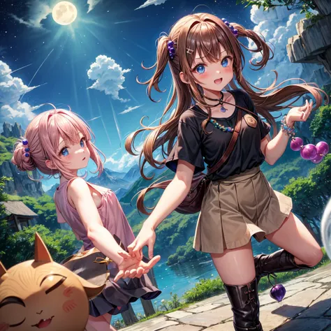  pink brown brown hair、  blue eyes、  Has hair tied  、Two cute people、  check mini skirt、  black t-shirt 、 Light clothing、  dress、  camisole、 Boots、Teeth are visible、The stone is cracked、  The Road Is Crooked 、Mountain々、 monsters、fog、  aurora、moon、  shootin...