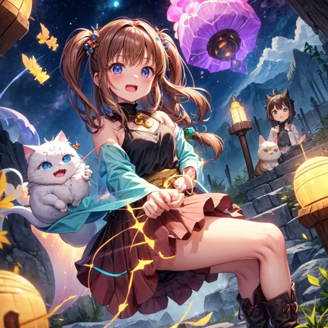  pink brown brown hair、  blue eyes、  Has hair tied  、Two cute people、  check mini skirt、  black t-shirt 、 Light clothing、  dress、  camisole、 Boots、Teeth are visible、The stone is cracked、  The Road Is Crooked 、Mountain々、 monsters、fog、  aurora、moon、  shootin...