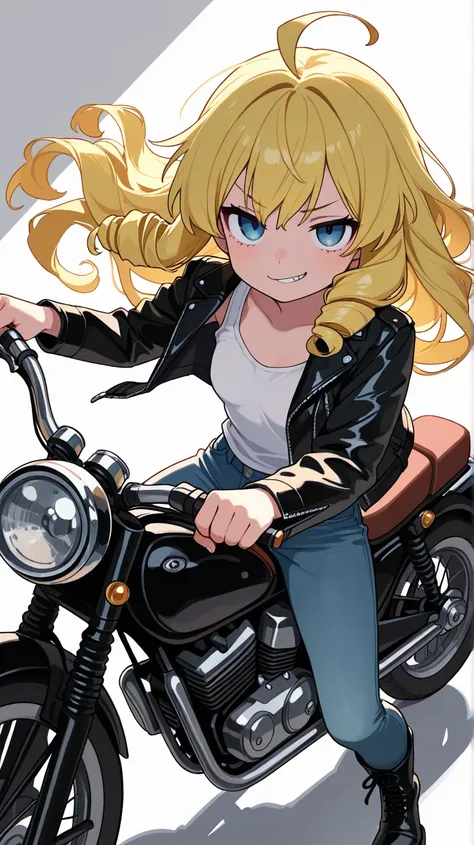 (score_9, score_8_up, score_7_up), ultra-detailed, detailed face, upper body shot, (looking at viewer), 
front wheel focus, dynamic angle, dutch angle shot, 

Solo, a girl, blonde, long hair, drill hair, ahoge, blue eyes, slant eyes, narrow eyes, small bre...