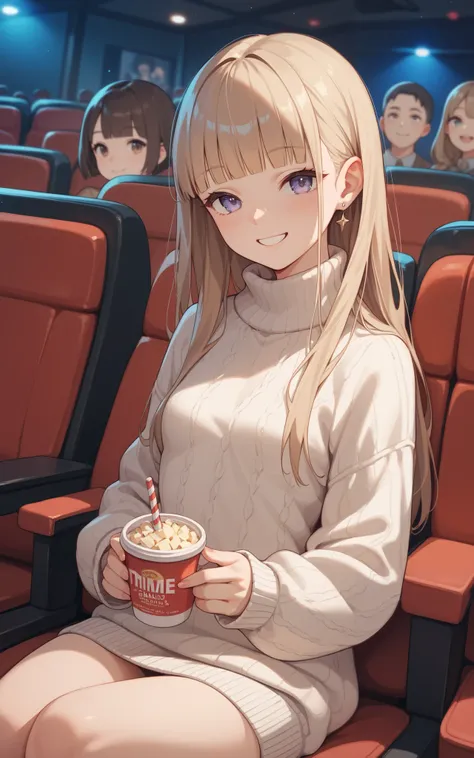 female, bronze hair, blunt bangs, himecut, long hair, THEATER, Smile, Small Breasts, anime, sweater, 