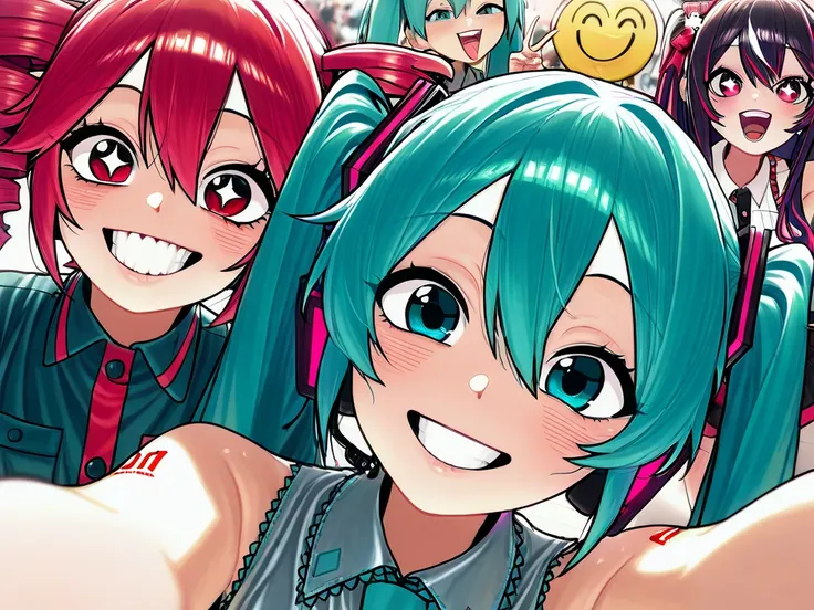 Group of,hatsune,Miku,kasane teto and hoshino Ai 6friends,happyteeth,selfie, and smile,teeth selfie smiley happiness selfie, teeth everybody crazy everybody
