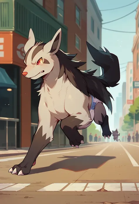 score_9, score_8_up, score_7_up, score_6_up, source_furry, solo, dof,  full-length portrait, blurred background,  mightyena, feral, pokemon (creature), thick diaper, running, city street background, cinematic, dynamic angle