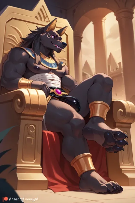 Single,  Retina Screen,  anubis ,  black fur , Golden Ear Profile ,  High Thick ,Black Egyptian God Dress Up,  darkness,evil,Crotch bulge, dark purple eyes, black sclera, tooth,  Evil Eye, Hand Bandage,  sits on a black throne, Exposed wolf feet , Dark Pyr...