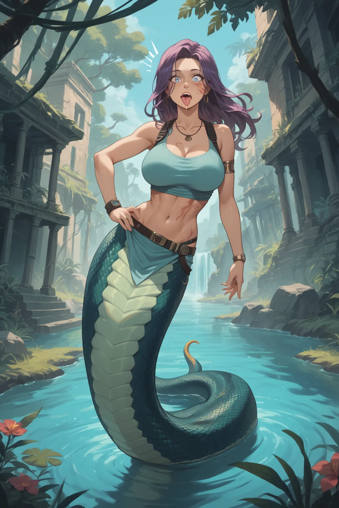 2girls, Lara Croft has been transformed into a lamia, lamia, scales, full body, outdoors, blue eyes, large breasts, snake tongue, surprised expression, confused expression, rape face, being seduced by Medusa, glowing snake idol, jungle ruins, snake bite ma...