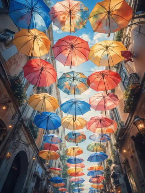 a close up of a street with many [umbrella hanging from the ceiling, [umbrella, Details and vivid colors , カラフルなumbrella,  vivid colors,  bright vibrant colors ,  vivid and vibrant color, Colorful, umbrella,  Colorful photos ,  vivid and vibrant ,  vibrant...