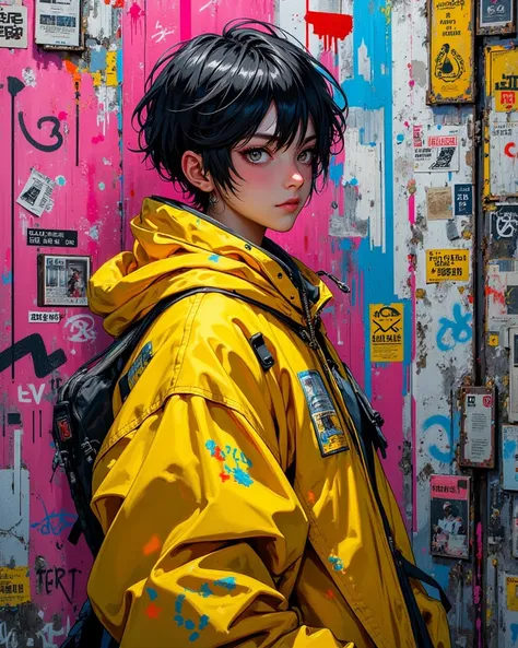 A stylish and urban portrait of a young individual standing against a vibrant graffiti-covered wall. The character has short, slightly messy black hair and is depicted in a side profile, giving them a thoughtful and introspective vibe. They are wearing a b...