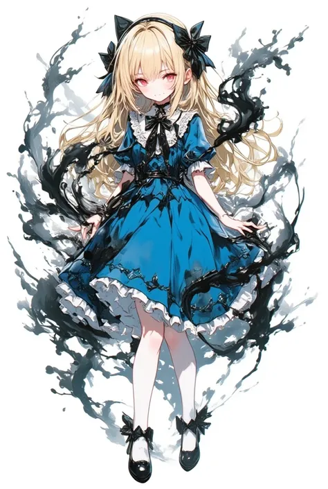 (best quality, masterpiece, ultra highres, ultra-detailed:1.2) ,Alice in the dark. tween,cute and evil,(Long straight blonde hair. white hair band. pale skin. red eyes,(bad smile). blue one-piece dress and black ribbon,white collar. black pumps).A black mi...