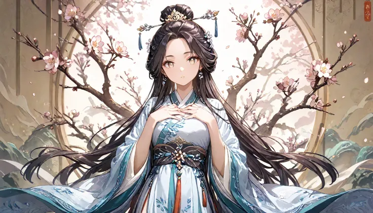 ((Best quality, 8k, Masterpiece: 1.3)), Sharp focus A beautiful woman with perfect body, Slim abdomen, Highly detailed face and skin texture, Detailed eyes, Traditional Chinese costume, hanfu, ancient Chinese princess, black hair, hair ornament studded wit...
