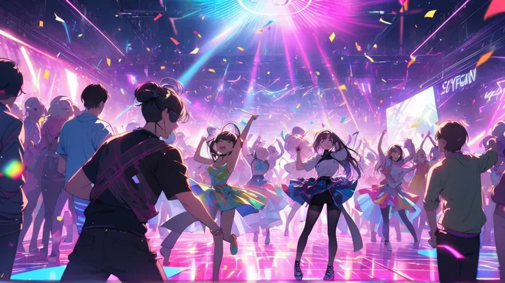 A neon-lit dance floor filled with people in colorful outfits, dancing to electronic music. Confetti, lasers, and a smoke machine create a vibrant atmosphere. Cyberpunk aesthetic