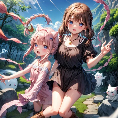  pink brown brown hair、  blue eyes、  Has hair tied  、Two cute people、  check mini skirt、  black t-shirt 、 Light clothing、  dress、  camisole、 Boots、Teeth are visible、The stone is cracked、  The Road Is Crooked 、Mountain々、 monsters、fog、  aurora、moon、  shootin...