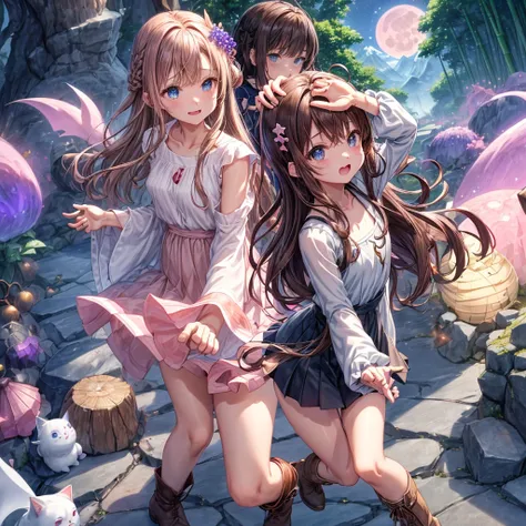  pink brown brown hair、  blue eyes、  Has hair tied  、Two cute people、  check mini skirt、  black t-shirt 、 Light clothing、  dress、  camisole、 Boots、Teeth are visible、The stone is cracked、  The Road Is Crooked 、Mountain々、 monsters、fog、  aurora、moon、  shootin...