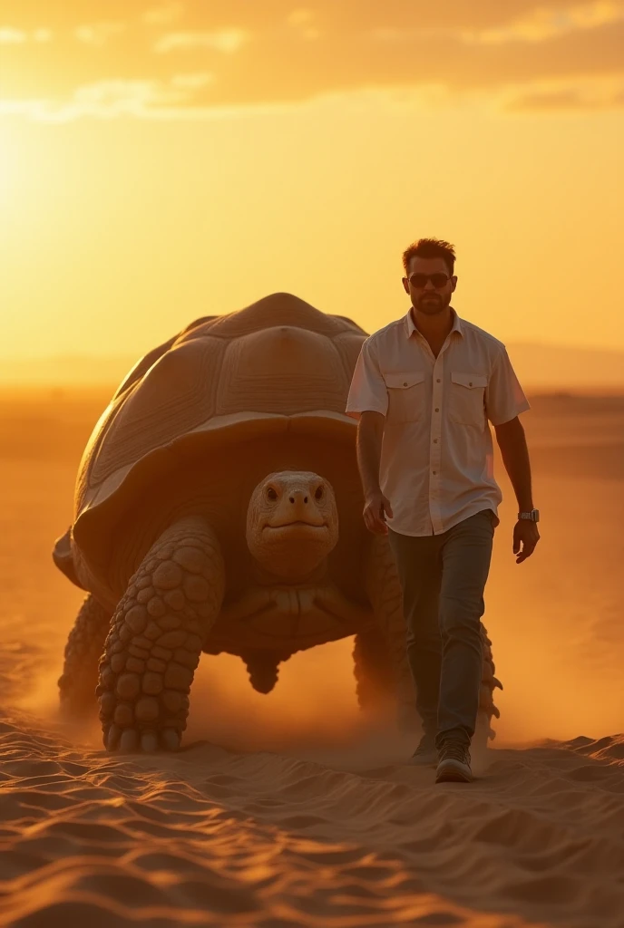 " A man walks in the vast desert with a giant Sulcata tortoise.  They walk side by side with steps in harmony ,  is like being on the catwalk . The golden twilight sky ,  The wind slowly blows sand grains ,  creates a dramatic and majestic atmosphere .  Th...