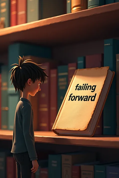 Please make an animaton  a book, sitting on the bookshelf with other book. But a book titled "failing forward" Stand out the most. And it still covered, not opened. Then, theres a person standing, staring at that book, his expression looks intreseted 