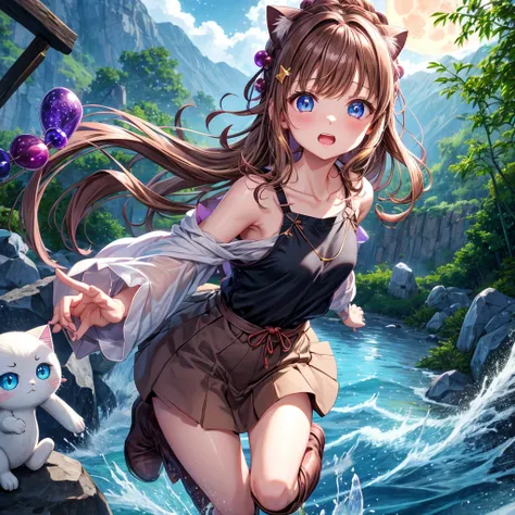  pink brown brown hair、  blue eyes、  Has hair tied  、Two cute people、  check mini skirt、  black t-shirt 、 Light clothing、  dress、  camisole、 Boots、Teeth are visible、The stone is cracked、  The Road Is Crooked 、Mountain々、 monsters、fog、  aurora、moon、  shootin...