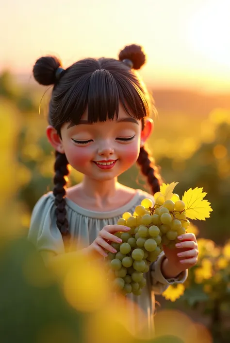 photoreal , Octane Render、(Hyper-detailing: 1.15)、(Soft light、sharp: 1.2)、morning、Harvesting grapes, Enjoy grape picking、Distinctive ethnic hair ornaments、 Fuji Film, F/4.0, masutepiece, Anatomically correct、A smile, radiant light,doll playing in seaside p...