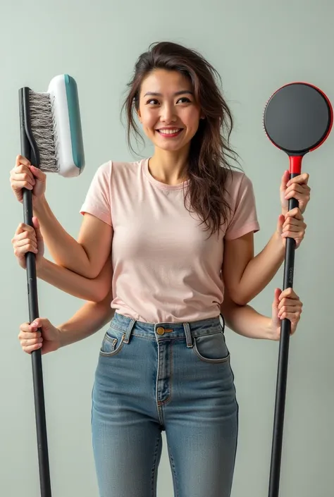 Create a realistic photo of a woman with six arms. She holds a mop, a computer, a pen, a s toy, a pan, and a hair brush . On her face sheshe has a smile and is tired. Her hair is not well done. She wears house cloths.